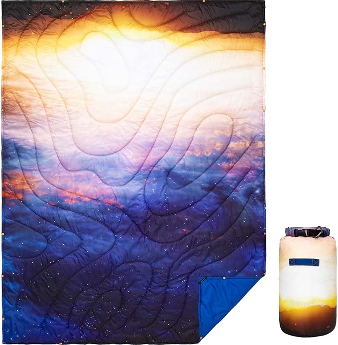 KingCamp Ultralight Camping Blanket, Packable Down Alternative Puffy Printed Wearable Blanket with Snap Buttons & Corner Loops Weatherproof Quilt for Outdoor Travel Stadium (79" L x 57" W, Sunrise)