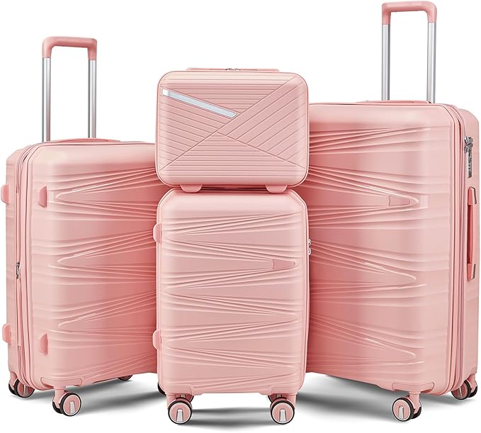 4-Piece Expandable Hardshell Luggage Set with TSA Lock (14/20/24/28) - Lightweight PP Suitcases, 360° Silent Spinner Wheels and Durable 100LB Handle for Air Travel (Pink)