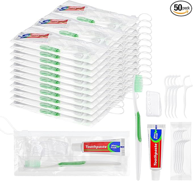 50 Set Disposable Toothbrushes with Toothpaste,5-in-1 Personal Care Travel Toiletries Sets Bulk Toothbrushes with Toothpaste and Floss,Comb,Cover Toothbrush Kit for Homeless,Hotel,Charity
