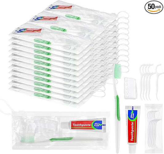 50 Set Disposable Toothbrushes with Toothpaste,5-in-1 Personal Care Travel Toiletries Sets Bulk Toothbrushes with Toothpaste and Floss,Comb,Cover Toothbrush Kit for Homeless,Hotel,Charity