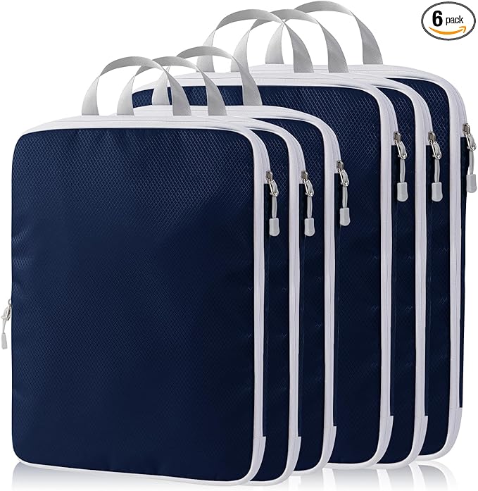 Compression Packing Cubes, 6 Set Packing Cubes for Travel Compression, Lightweight Compressible Package Organizer for Carry On and Suitcases, Navy and White