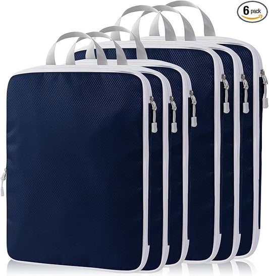 Compression Packing Cubes, 6 Set Packing Cubes for Travel Compression, Lightweight Compressible Package Organizer for Carry On and Suitcases, Navy and White