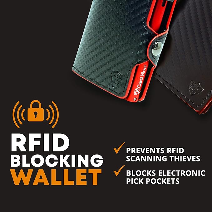 Card Blocr Pop Up Credit Card Wallet, RFID Blocking Credit Card Holder for men, Cool Wallets for Men in Carbon Wallet Design, Compact Card Holder Wallet for Secure Storage (Red PU Carbon Fiber)