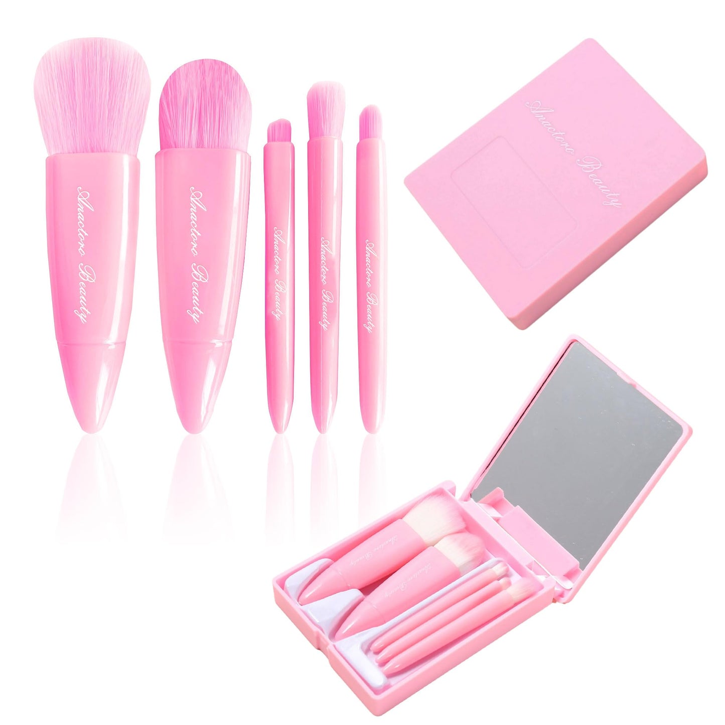 Anactoro Travel Makeup Brushes Set, Easy Taken 5pcs Mini Makeup Brushes Kit with mirror, ON-THE-GO, Makeup Set for Beauty Blender, Get Glam On-the-Go! Pink