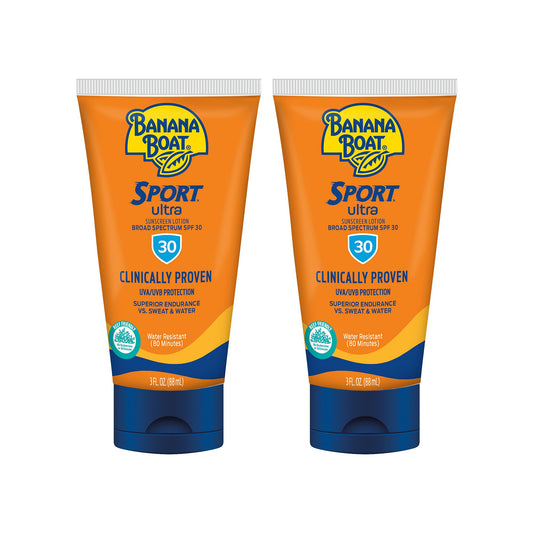 Banana Boat Sport Ultra Sunscreen Lotion SPF 30 Twin Pack and SPF 60 Roll On Sunscreen 2.5oz Travel Size Sweat & Water Resistant Sunblock