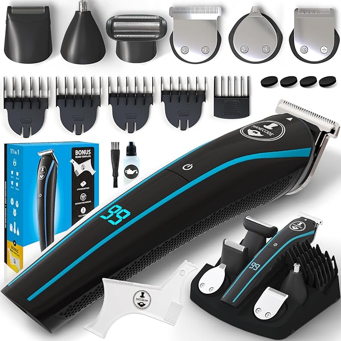 11-in-1 Men's Beard and Mustache Electric Trimmer Kit, Cordless Body and Nose Hair Razors, Set of Beard Clippers, USB Rechargeable Battery, Shaver for Men, Lifetime Self-Sharp Blades