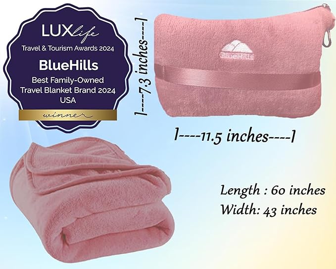 BlueHills Premium Soft Travel Blanket Pillow Compact Mini Airplane Blanket with Portable Pillowcase Long Flights - Dusty Rose Pink M02