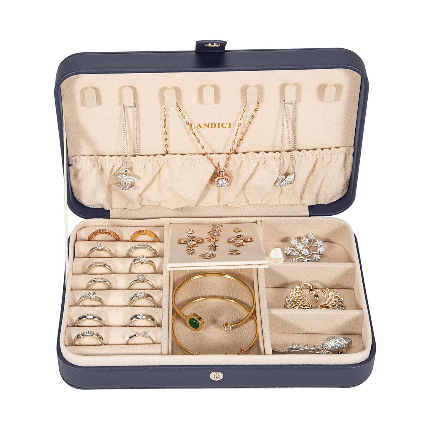 LANDICI Small Jewelry Box for Women Girls, PU Leather Travel Jewelry Case, Portable Jewelry Organizer Storage Holder Display for Ring Earrings Necklace Brooch Men Kids Gift, Dark Blue