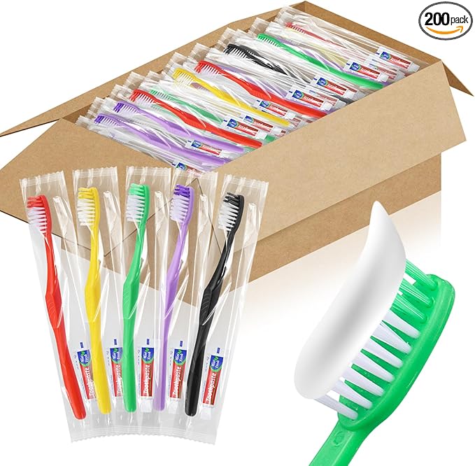 200pcs Disposable Toothbrushes with Toothpaste,Single Use Toothbrush with Toothpaste Individually Wrapped Disposable Travel Toothbrushes Kit Bulk for Homeless,Hotel,Guests(5 Colors)