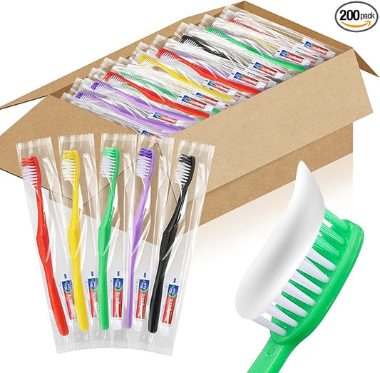 200pcs Disposable Toothbrushes with Toothpaste,Single Use Toothbrush with Toothpaste Individually Wrapped Disposable Travel Toothbrushes Kit Bulk for Homeless,Hotel,Guests(5 Colors)