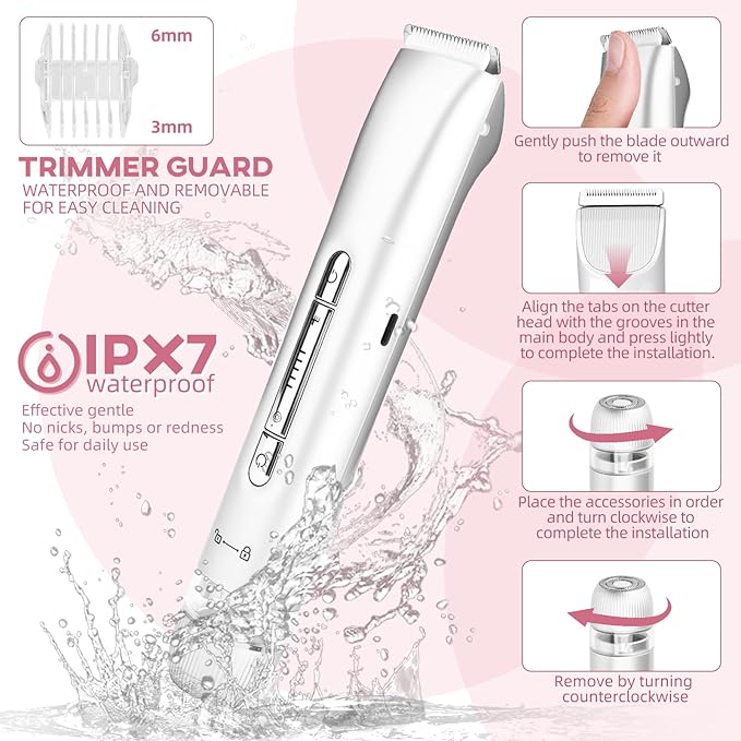 Bikini Trimmer for Women,Dual Head Shaver, IPX7 Waterproof, Compact Travel Design Bikini Shaver for Public Hair, Facial and Body(White)