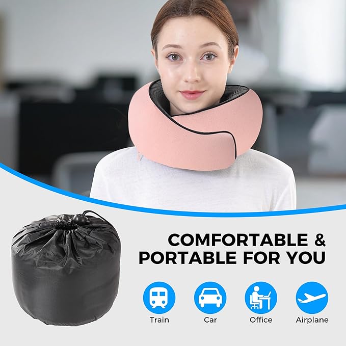 Travel Pillow,Travel Neck Pillows for Airplanes,Comfortable Breathable Cover,Memory Foam 360 Degree Support Stowable Pillows,Ideal Accessory for Sleeping Offices and Cars (Pink)