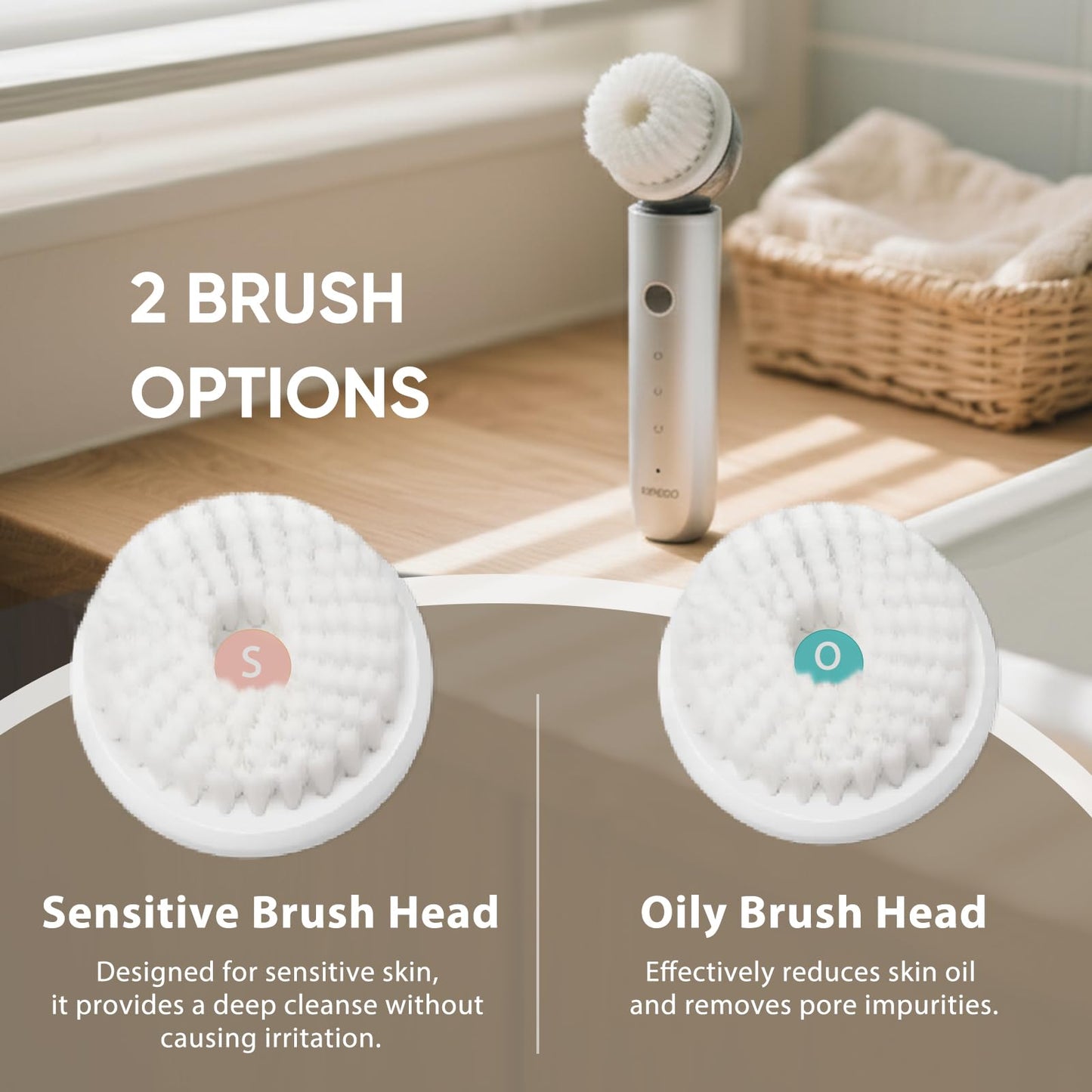 KINGDO Sonic Facial Cleansing Brush, Electric Face Scrubber with 3 Cleaning Modes, IPX7 Waterproof face Brushes for Cleansing with 2 Magnetic Brush Heads, Rechargeable Battery for All Skin Types