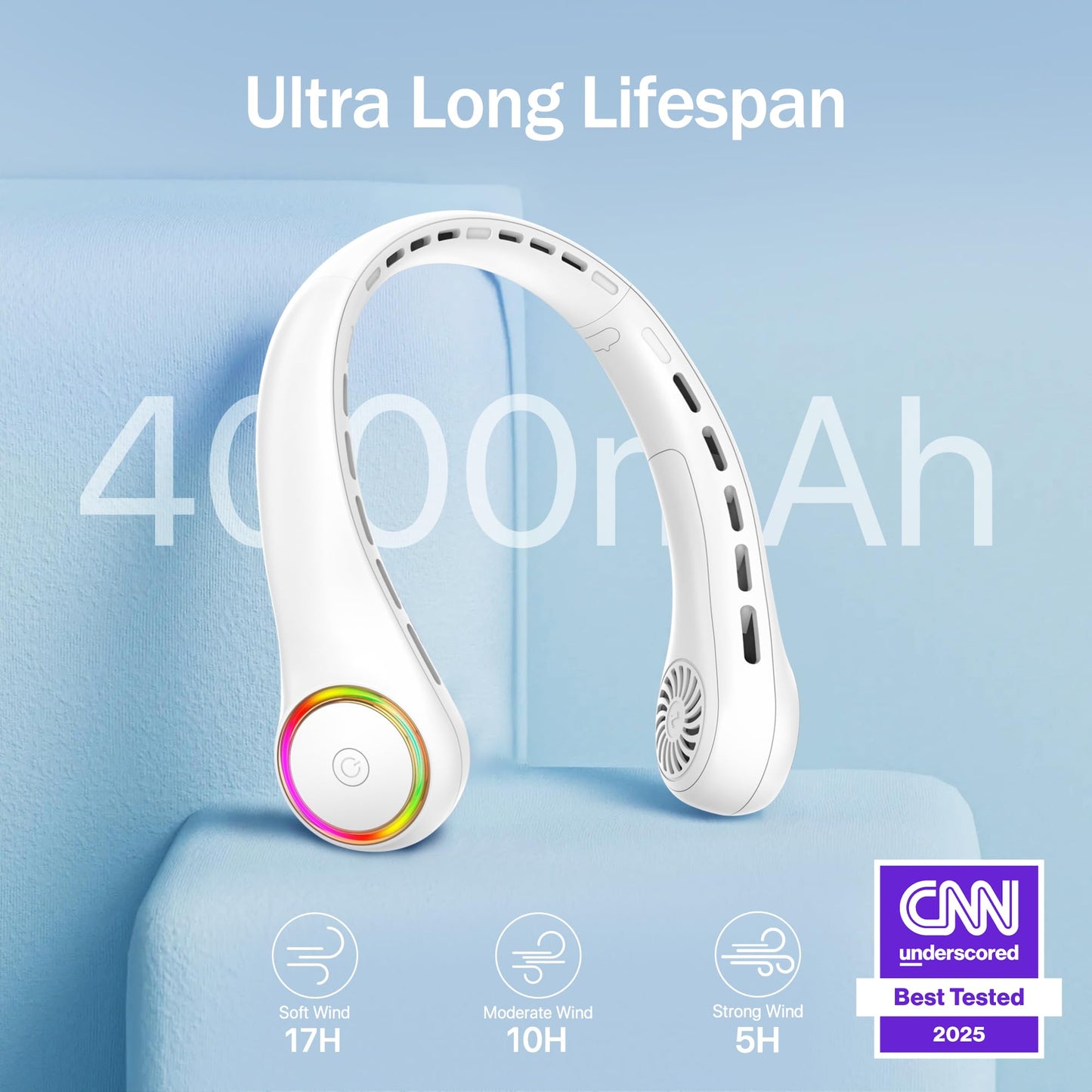 GULAKI Portable Neck Fan, Personal Fan with 4000mAh Battery, Rechargeable Neck Fan with 3 Speeds and 64 Cool Lights, Birthday Gifts for Men Women Mom Dad, Hands Free Cooling fan for Summer(White)