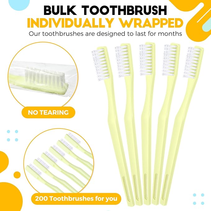 CHENGU 200 Pack Individually Wrapped Disposable Toothbrush Bulk Single Use Toothbrush with Soft Bristle for Women Men Adult Hotels Guest Travel Donation(Yellow)