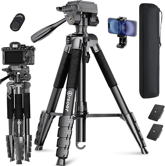 Camera Tripod, 74" DSLR Camera Tripod with 2 QR Plates for Sony/Nikon/Canon, Lightweight Video Tripod Stand for Travelling, Phone Tripod with Fluid Head/Phone Holder/Wireless Remote Max.Load 6kg