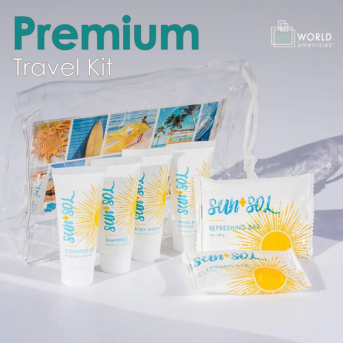 World Amenities - Sun + Sol Mini Size Hotel Toiletries Bathroom Kit | Warm Coconut & Vanilla | Shampoo, Conditioner, Body Wash, Lotion, Cleansing Bar, Refreshing Soap Bar and Moisturizing Massage Bar