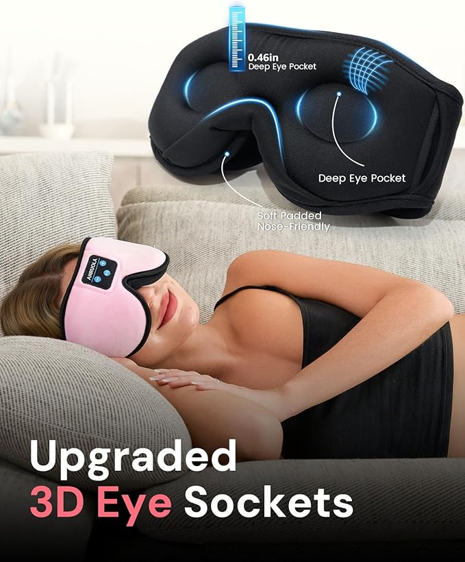 Bluetooth Sleep Mask with Wireless Headphones – Soft 3D Eye Mask for Comfortable Sleep – HD Audio for Men & Women – Adjustable Strap for Travel, Meditation, and Naps