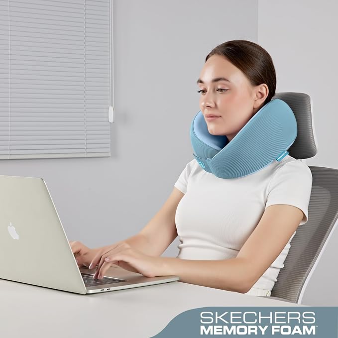 Skechers Memory Foam Neck Pillow, Comfortable & Breathable Travel Pillow,Neck Pillow Airplane for Travel, Car Rides, Home, and Office Use, Ergonomic Design for Men and Women,Light Blue