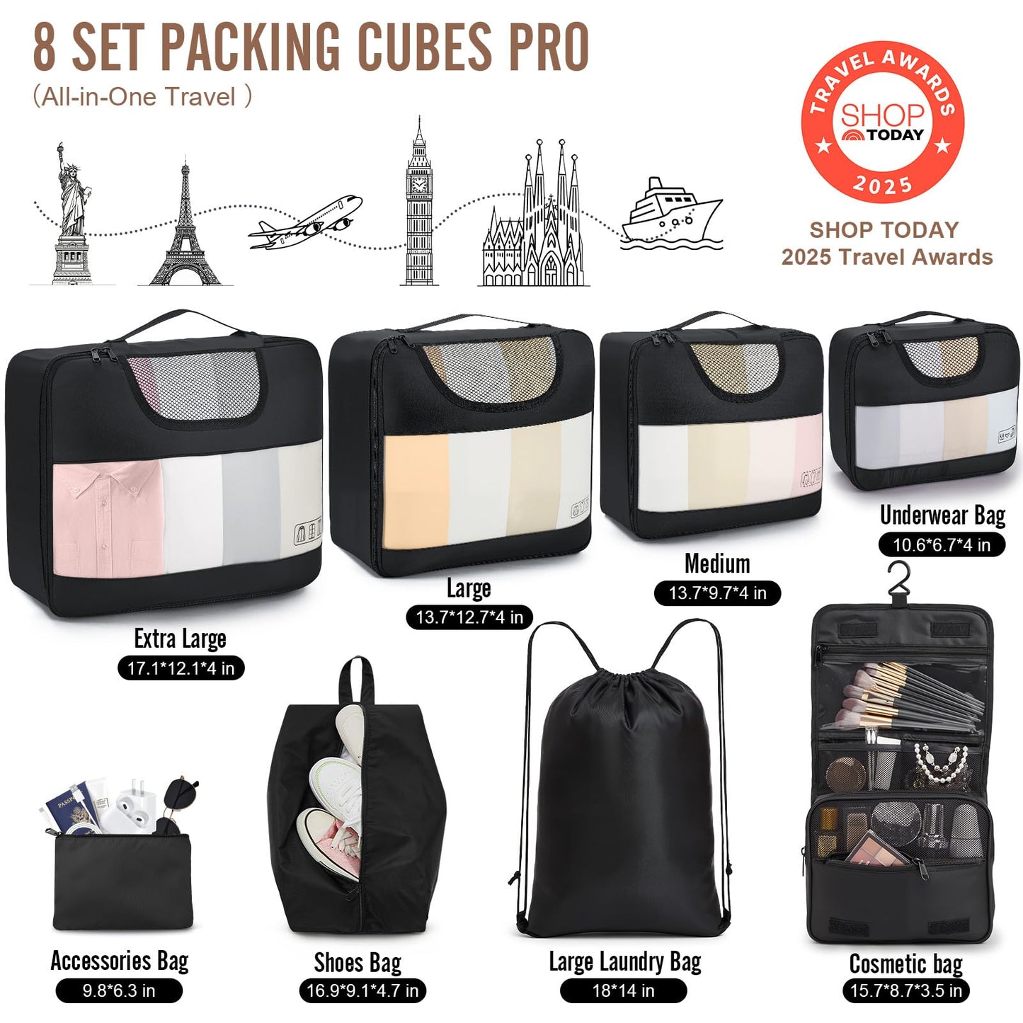 Veken 10 Set/8 Set Packing Cubes for Travel Essentials, Suitcase Organizer Bags in 4 Sizes, Carry-On Luggage Accessories with Large Laundry & Toiletry Bag, Must-Have for Airplane, Road Trip & Camping