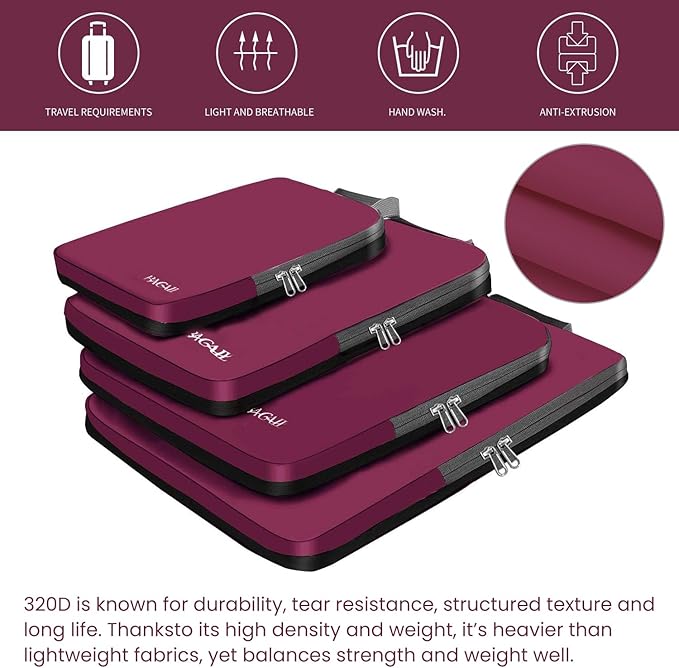 BAGAIL 4 Set/6 Set/8 Set Compression Packing Cubes Travel Accessories Expandable Packing Organizers (Cloth Pattern, 4-Burgundy)