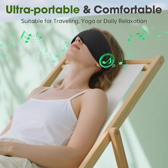 Sleep Headphones with Bluetooth 5.4 Sleep Mask, Bamboo Cotton Music Wireless Bluetooth Eye Mask for Sleeping, Earphones HD Speaker Microphone for Travel, Gifts for Men Women, Black