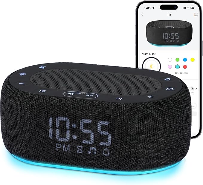 1Mii White Noise Sound Machine for Sleep, Pink Noise Machine for Baby Adults Sleeping, 18 Soothing Sounds with 7-Color Night Light, Timer, Alarm Clock, Volume Control, Remote App Control - Black