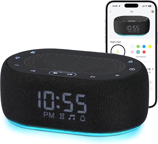 1Mii White Noise Sound Machine for Sleep, Pink Noise Machine for Baby Adults Sleeping, 18 Soothing Sounds with 7-Color Night Light, Timer, Alarm Clock, Volume Control, Remote App Control - Black