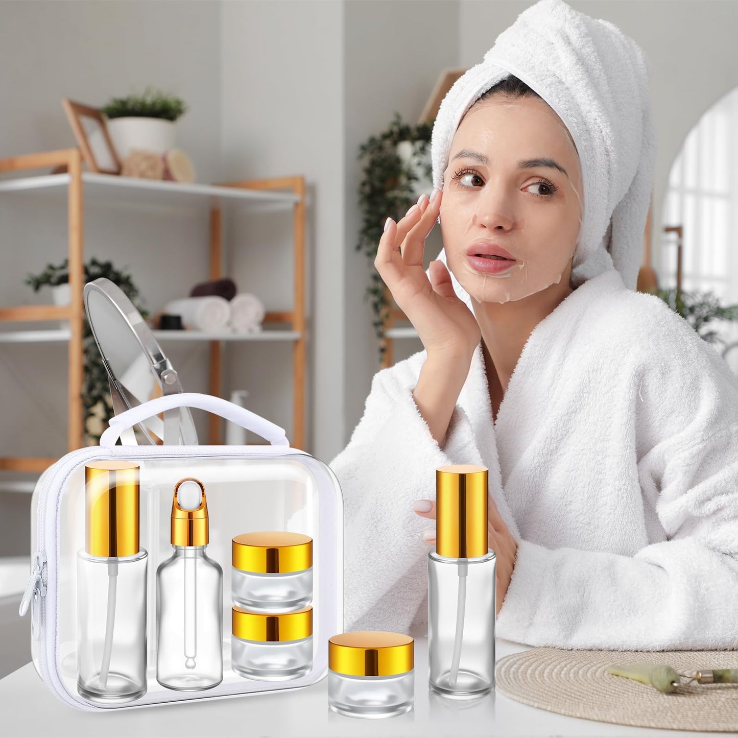 Qiyaz 11 Pcs Glass Travel Bottles with Clear Hard Zipper Case Skin Care Containers Travel Size Mini Makeup Containers Tsa Approved with Pump Spray for Liquid Toners Serum Cream(Gold,Style 1)