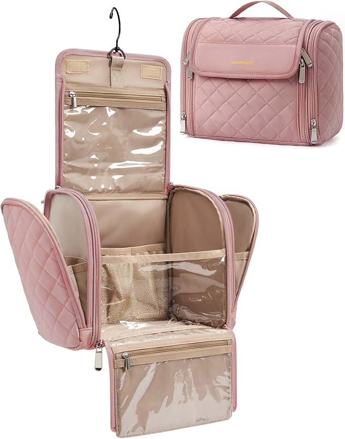 BAGSMART Makeup Bag for Women with Hanging Hook, Large Portable Capacity Water-resistant Organizer Travel Case for Toiletries and Cosmetics, Pink