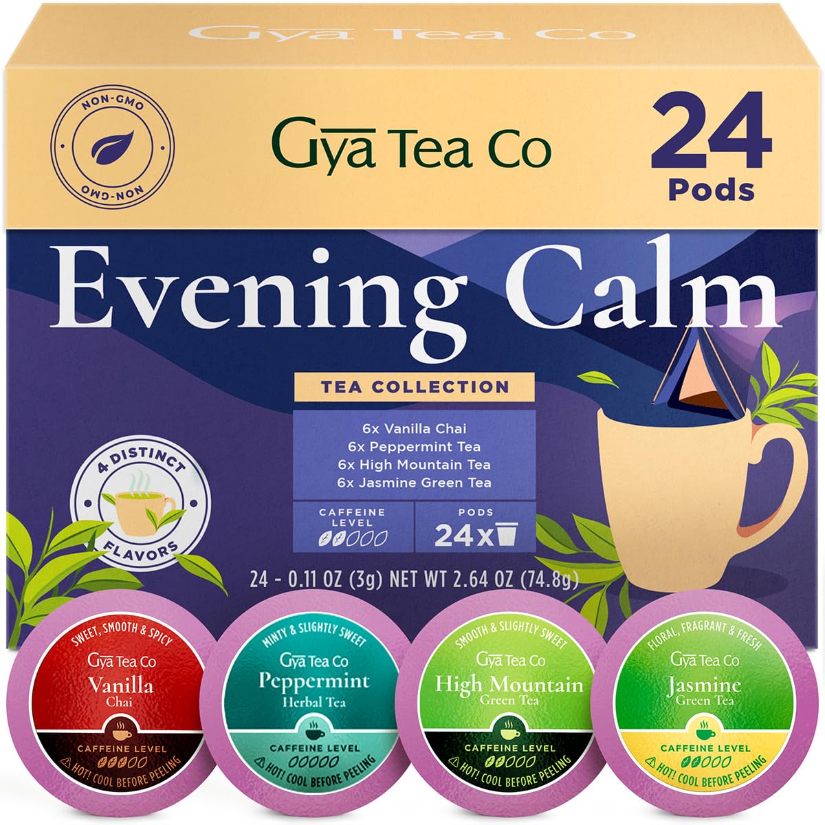 Gya Tea Co Evening Calm Tea Gift Set (24 ct) - Assorted Tea Pod Variety Pack with Vanilla Chai, Peppermint, High Mountain, Jasmine Green 4 Flavors for Night Rest, Digestion & Relaxation
