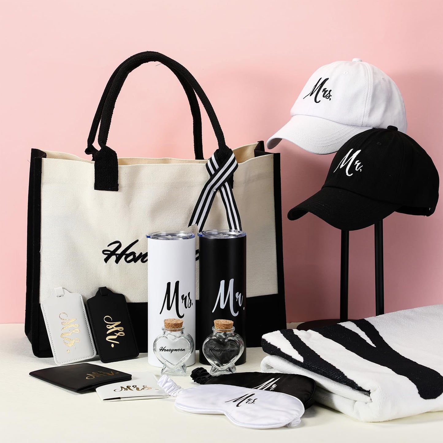 Preboun 14 Pcs Wedding Gifts for Couple Honeymoon Gifts Include Mr and Mrs Beach Towels 20 oz Wine Tumbler Hat Shareable Passport Holder Baggage Tag Glass Bottle Canvas Honeymoon Tote Bag Sleep Mask