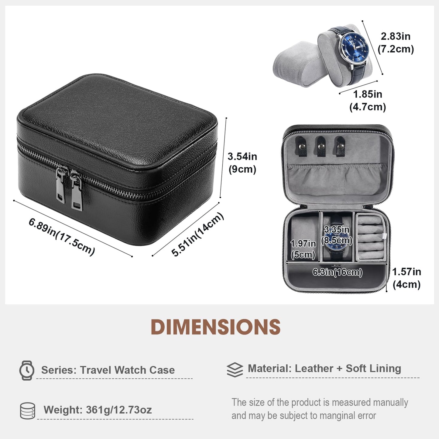 ProCase Travel Watch Case, 2 Slots PU Leather Mens Jewelry Box, Portable Watches Cufflinks Accessories Storage Case, Zippered Carrying Organizer Bag for Man -Black