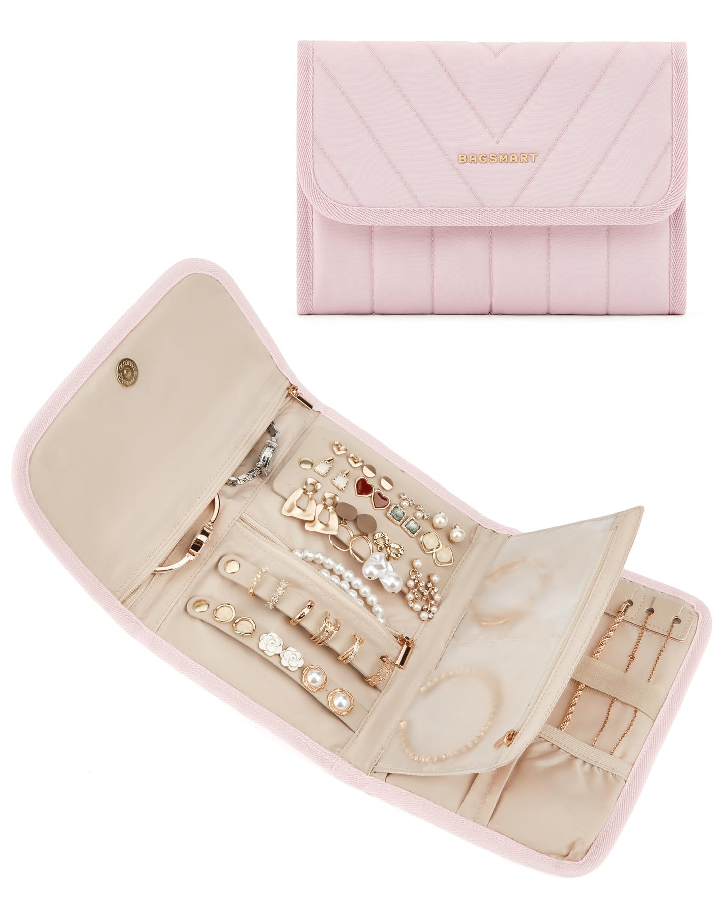 BAGSMART Travel Jewelry Organizer Case, Foldable Jewelry Roll for Necklaces, Earrings, Journey-Rings, Bracelets, Brooches, Portable, Pink