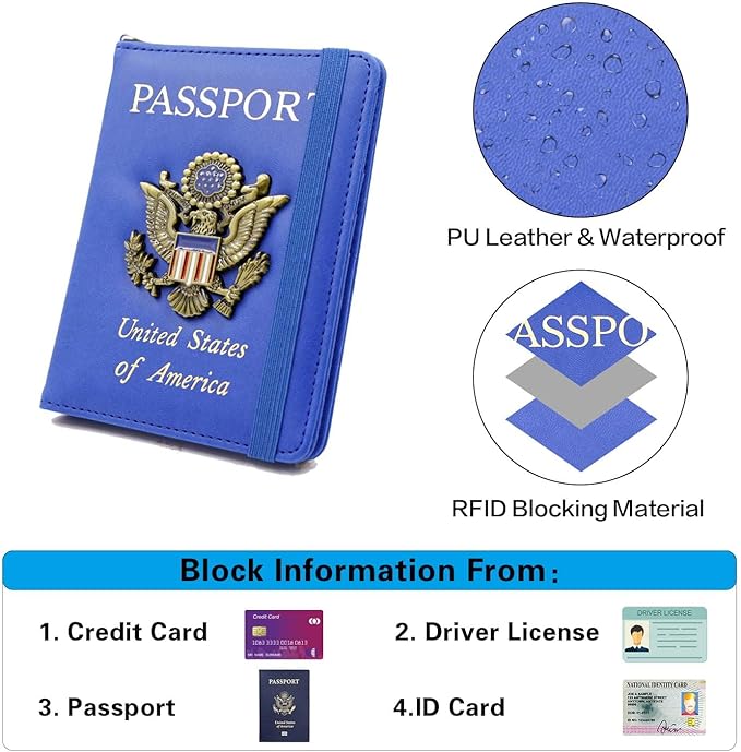 Cnycmy Passport Holder with Airtag Slot, Women's Travel Wallet, RFID Protection, Waterproof, Family Size (Dark Blue)