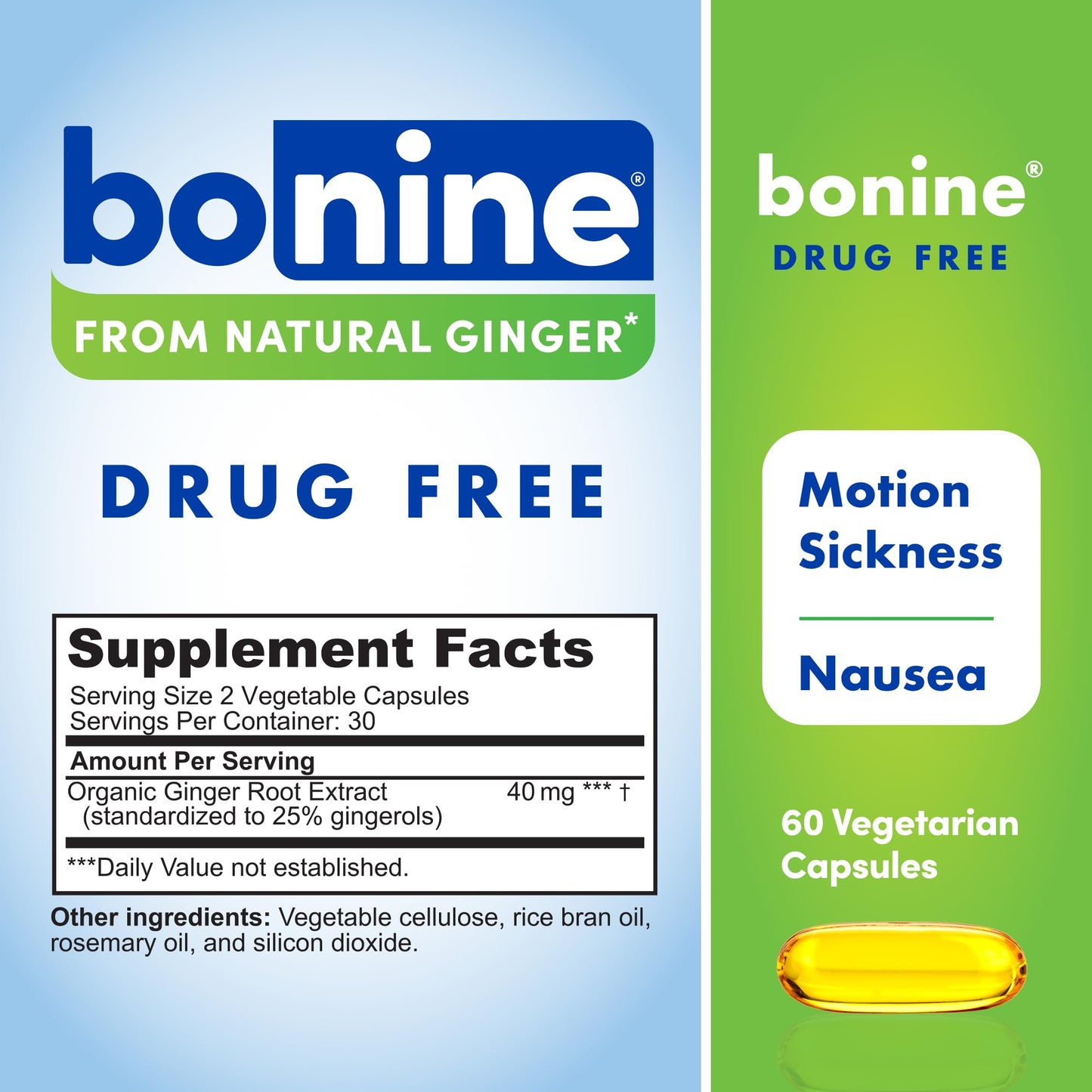 Bonine Ginger Root Extract Liquid Capsules - Non-Drowsy Motion Sickness Relief - 40 mg Ginger Supplement for Morning Sickness & Nausea Relief - Cruise Ship Essentials - 60 Capsules