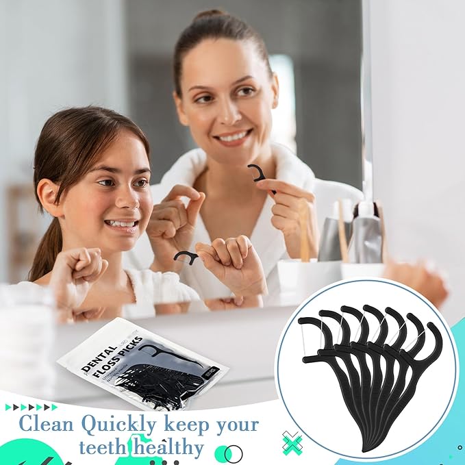 Baderke 200 Count Floss Picks Bulk Non Breakable Tooth Picks Flosser Dental Floss Sticks for Adults Teeth Cleaning Dental Flossers for Family Pack Travel(Black)
