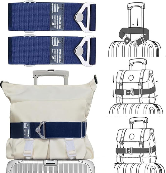 2-in-1 Travel Belt for Luggage Over Handle, Luggage Belt for Carry on Bag, Suitcase Straps, Add a Bag Bungees Luggage Straps Adjustable with Alloy Buckle,Hands-Free for Airport (Blue, 2 Pack)