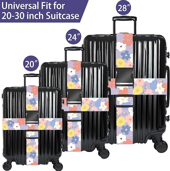 Colored Flowers Luggage Straps for Suitcases, Adjustable Luggage Travel Belt to Keep Luggage Security While Travel, Strong Polyester Fabric, Easy-to-Recognize Stylish Design Travel Accessories, 2 Pack