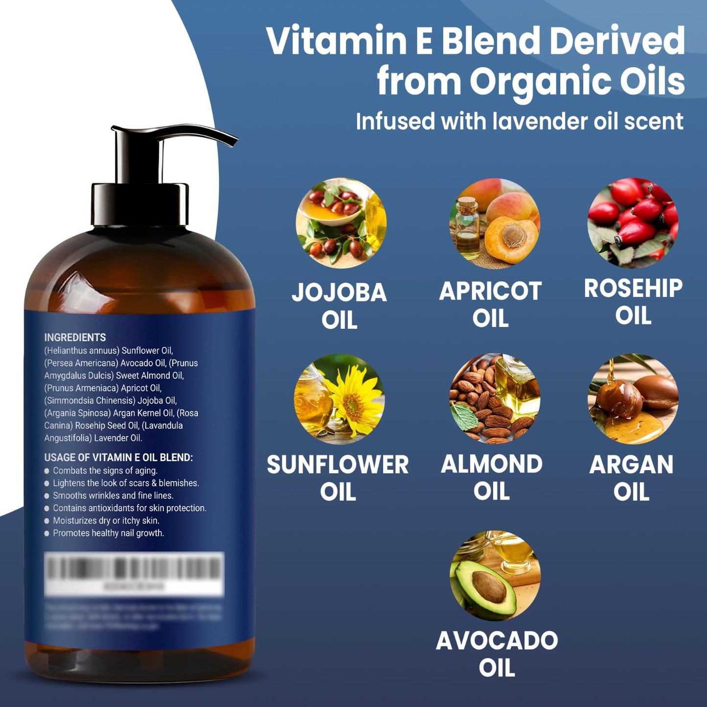 Organic Vitamin E Oil Blend 8 fl oz - Made from Pure, Natural Oils for Skin, Scars & Face - Aceite de Vitamina E - Nexon Botanics