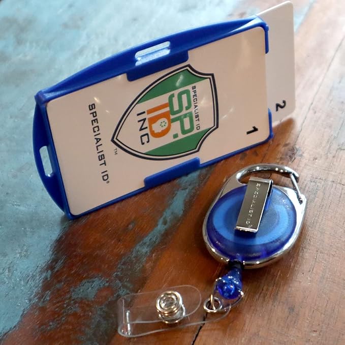 2 Pack - RFID Blocking Badge Holder with Retractable Carabiner Clip Badge Reel - Dual Sided - SkimSAFE Skimming Protection - 2 Card Shield for 13.56MHz Radio Signal by Specialist ID (Royal Blue)