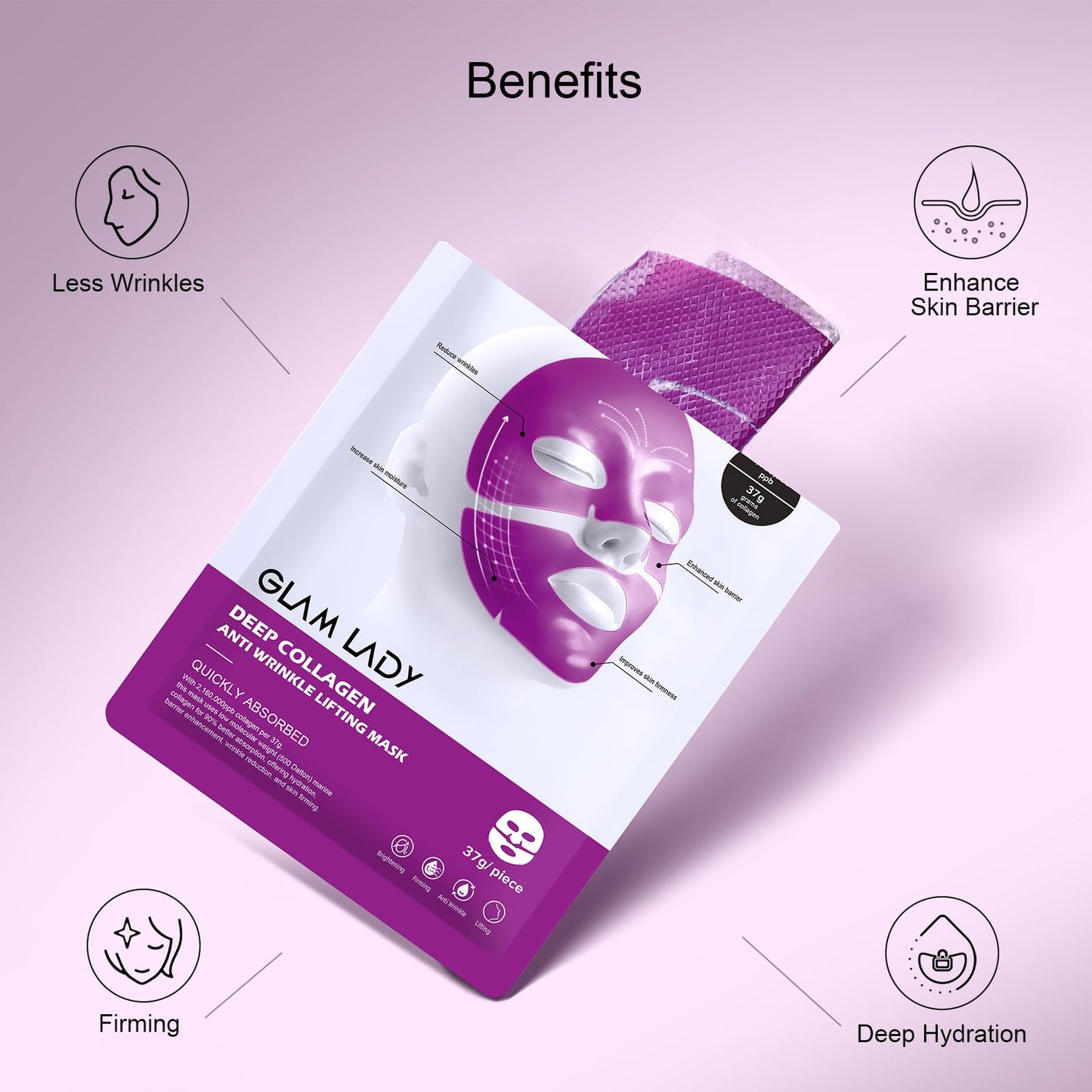 Glam Lady Bio-Collagen Face Mask Korean Skincare Hydrating Anti Wrinkle Lifting Overnight Real Deep Mask with Niacinamide and Hyaluronic Acid