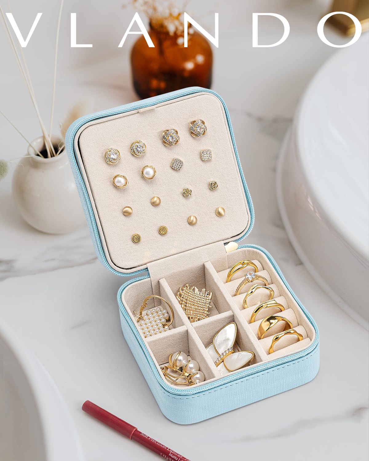 Vlando Travel Jewelry Case, Small Travel Jewelry Organizer Box for Girls Women - Blue