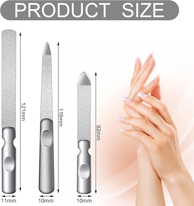 3 Pcs Stainless Steel Nail Files Kit with Leather Case, Double Sided Metal Nail Files with Anti-Slip Handle for Women and Men, Metal File Buffer Manicure Pedicure Tools for Fingernail Toenail(Pink)