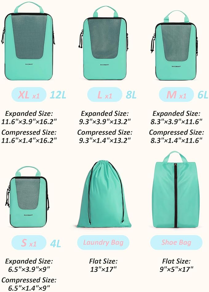 BAGSMART Compression Packing Cubes for Travel, 6 Set/5 Set/4 Set, Compression Suitcase Organizer Bags Set for Suitcases Travel Essentials, Lightweight Packing Organizers