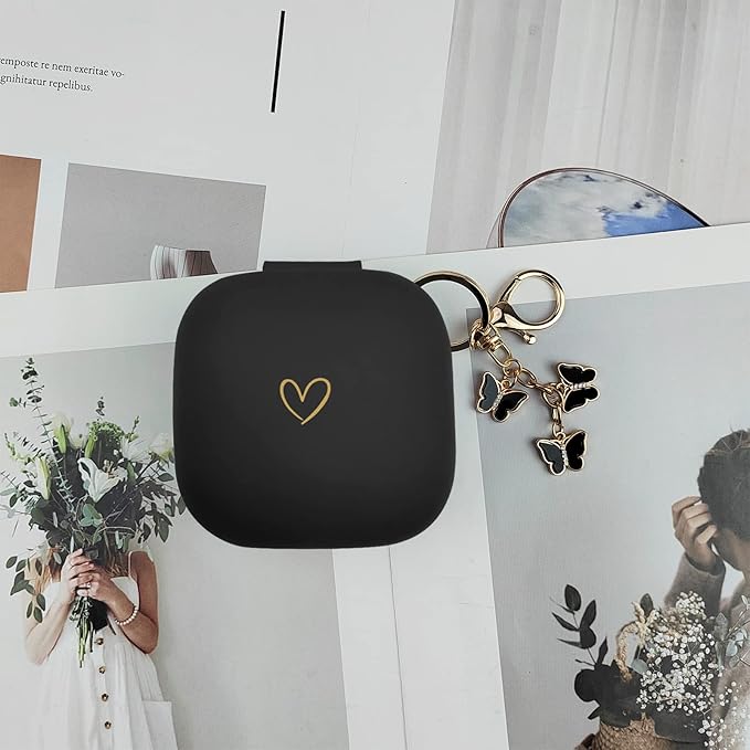 Compatible with Powerbeats Pro, Soft Silicone Case with Gold Heart Pattern for Powerbeats Pro Case with Cute Butterfly Keychain for Girls Women (Black)