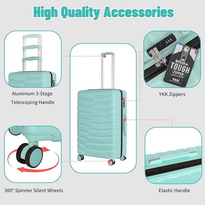 5-Piece Lightweight Luggage with Backpack Sets, ABS+PC Hard Shell Suitcase with TSA Lock & YKK Zipper (MInt Green, 20in/24in/28in/BP/TB)