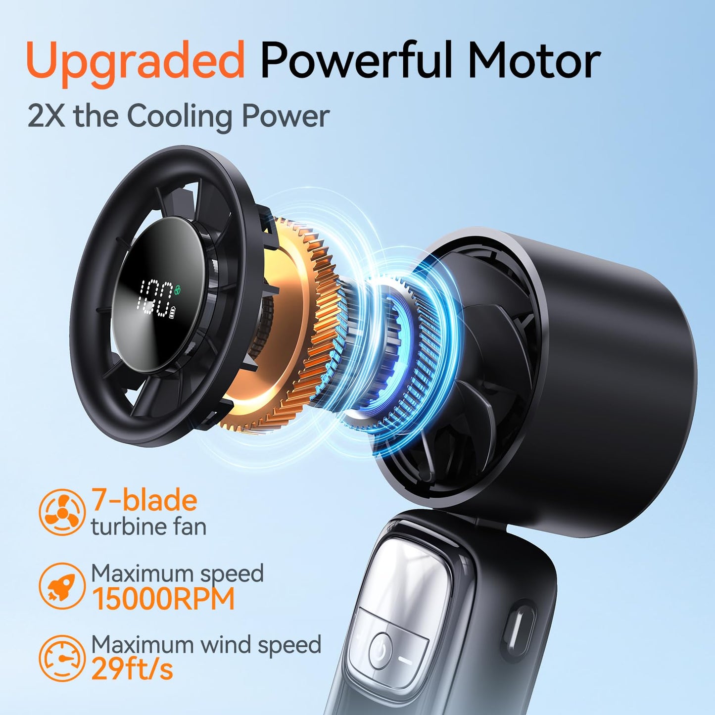 KIMMOO 3-in-1 Portable Handheld Turbo Fan-100 Speeds, 15000 RPM, 10Hrs Cooling, LED Display, 90° Rotation, USB Rechargeable Battery Powered, Mini Foldable Hand Held Personal Fan for Women Men (Black)