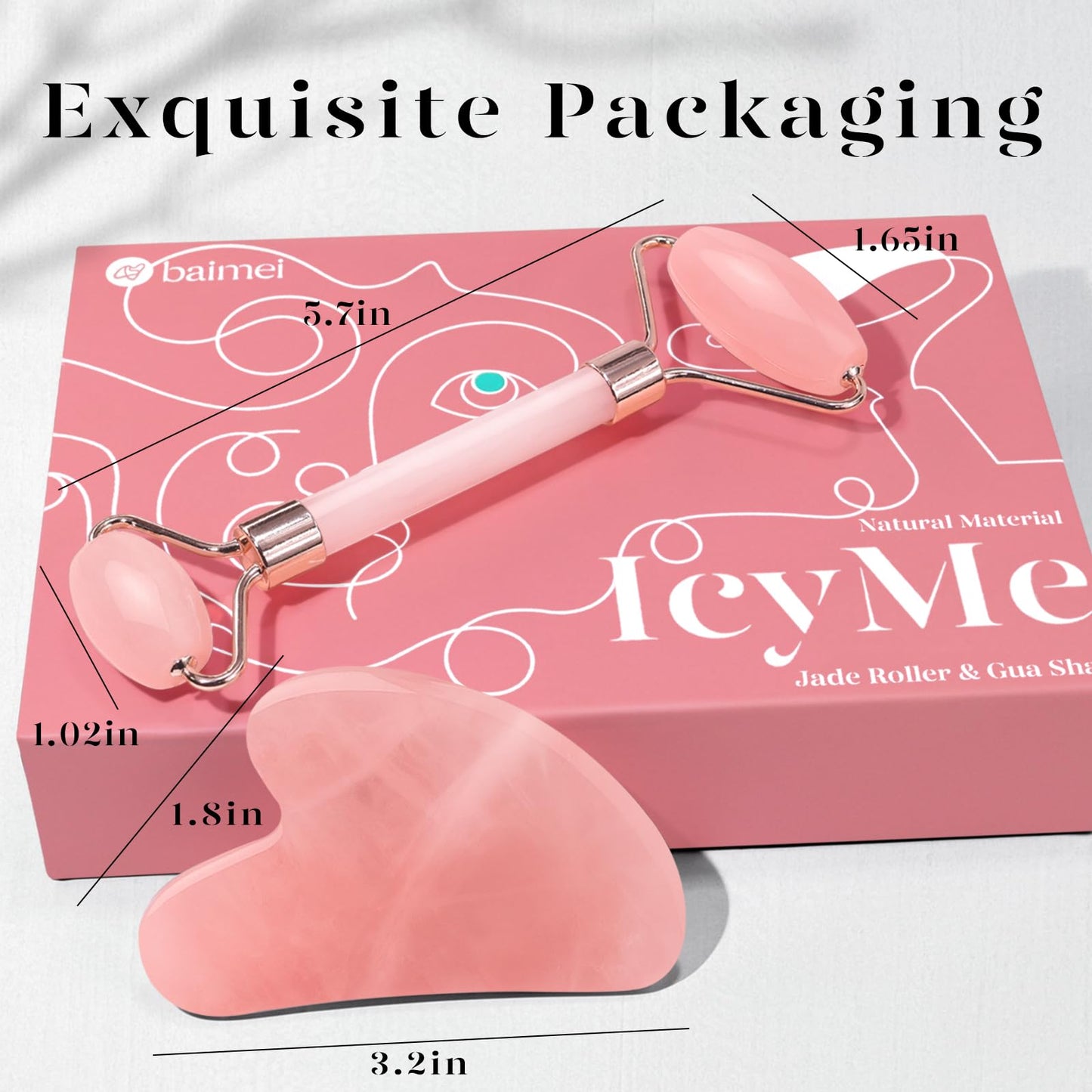 BAIMEI Jade Roller & Gua Sha, Face Roller, Facial Beauty Roller Skin Care Tools, Self Care Gift for Men Women, Massager for Face, Eyes, Neck, Relieve Fine Lines and Wrinkles - Rose Quartz