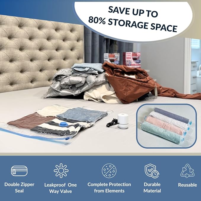 35 Pack Vacuum Storage Bags with Electric Pump, Compression Space Saver for Comforters, Bedding, Blanket Storage, Vacuum Seal Bags for Clothing, Luggage and Closet Organizer